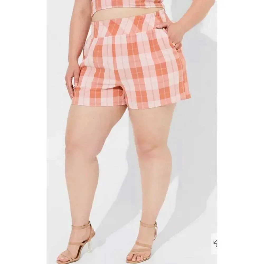 Torrid 5 Inch Seersucker Shorts Size 4 4x/26 Orange Plaid Pull On High Rise NEW - Picture 2 of 8